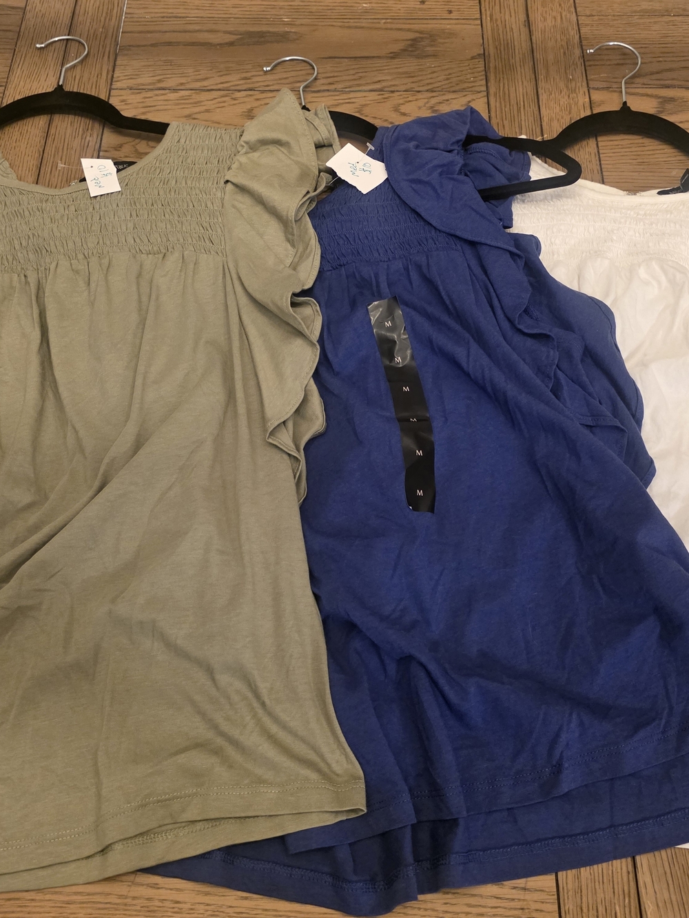 Banana Republic Factory Olive, Royal Blue & White Ruffle Smocked Tank Trio